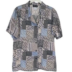 VTG Stunt Womens Silk Patchwork Print Short Sleeve Button Up Shirt M Indie Y2K